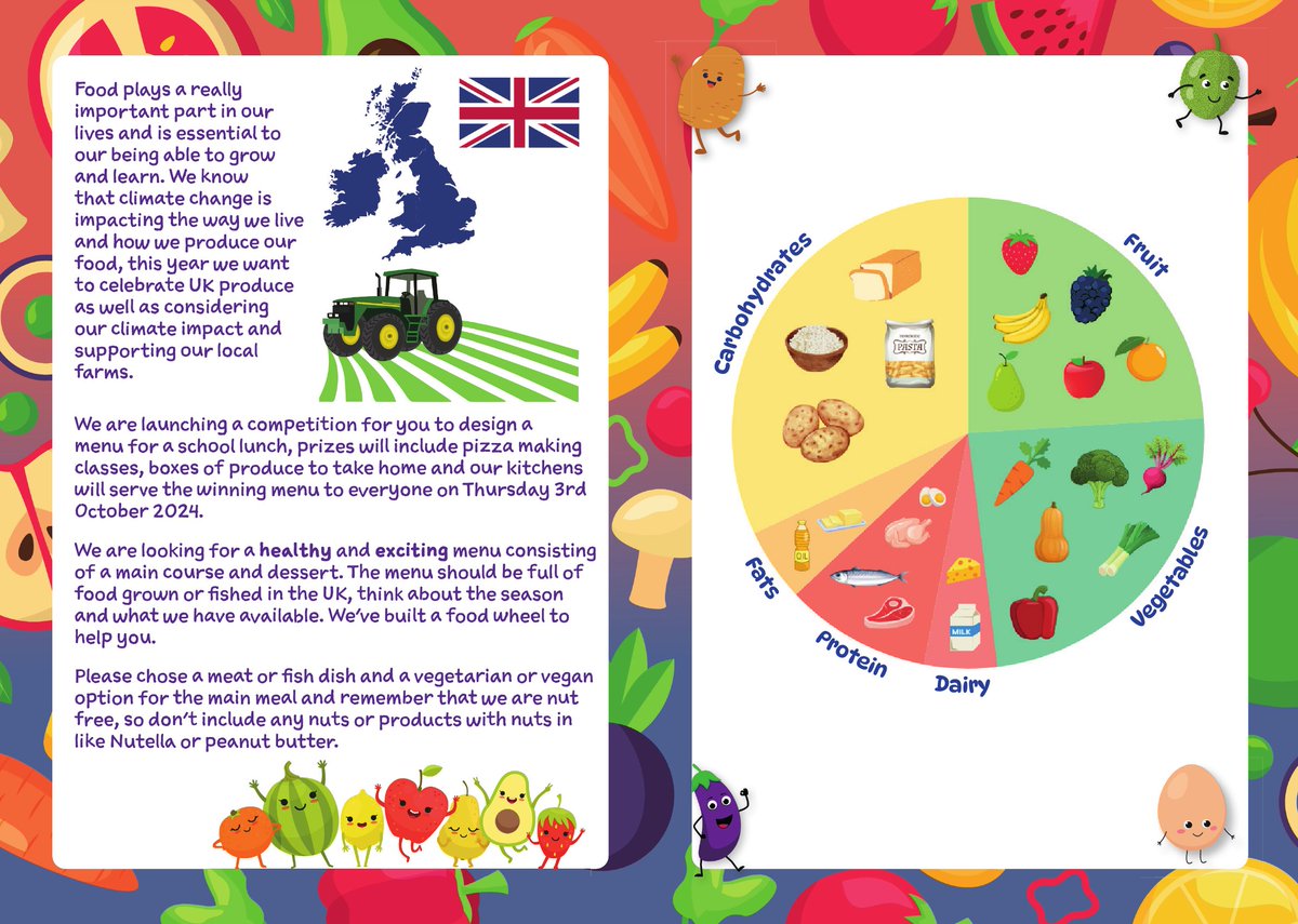 We are excited to be launching the 'Great British Harvest Menu' competition. Children are asked to submit their menu ideas by 20th September and the winning menu will be served in our schools with lots of fabulous prizes to be won!