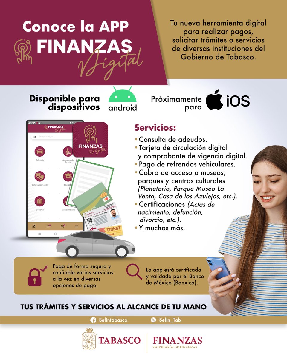 ✅¡Conoce la APP Finanzas Digital Tabasco!
Tu herramienta para realizar pagos, trámites y servicios del Gobierno de Tabasco.
Más información: finanzasdigital.sf.tabasco.gob.mx
¡Descárgala desde Google Play!