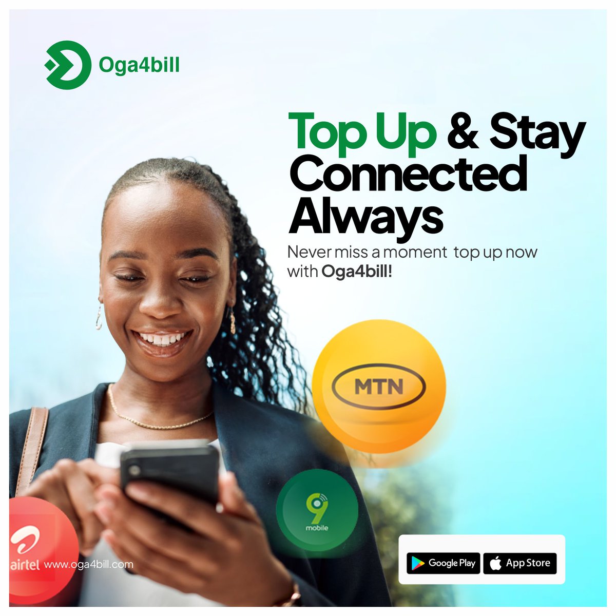 oga4bill's tweet image. Top Up &amp;amp; Stay Connected Always
Never miss a moment  top up now with Oga4bill!

#EasyRecharge #AirtimeMadeEasy #SeamlessPayments #RechargeWithEase #ConvenienceAtItsBest #ComingSoon