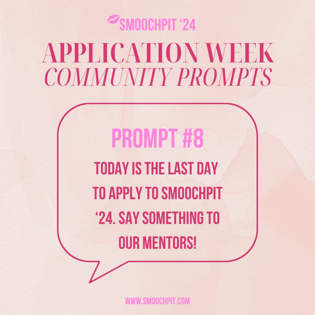 smoochpit's tweet photo. Today is THE day. 11:59 PM EST. APPS CLOSE.

This is your last chance to hopefully join the SmoochPit Class of ‘24💋

It’s been SO lovely connecting with the #WritingCommmunity this past week, and learning about all your swoony romances

For todays #SPPromptParty, parting words🥰 https://t.co/U6HUIO77O5