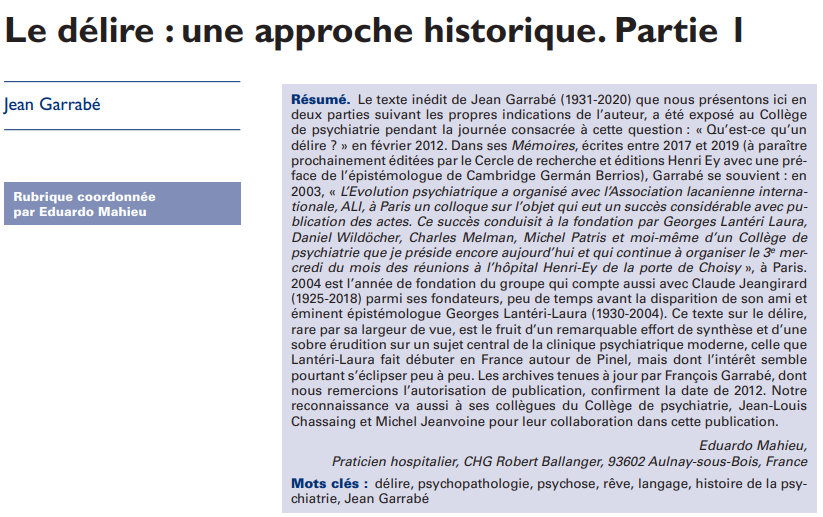 L_InfoPsy's tweet image. 📍 Découvrez l'article le plus lu par les abonnés dans le dernier numéro.
"𝐋𝐞 𝐝𝐞́𝐥𝐢𝐫𝐞 : 𝐮𝐧𝐞 𝐚𝐩𝐩𝐫𝐨𝐜𝐡𝐞 𝐡𝐢𝐬𝐭𝐨𝐫𝐢𝐪𝐮𝐞. 𝐏𝐚𝐫𝐭𝐢𝐞 𝟏 ⏭ tinyurl.com/w69fsknt
#délire #psychopathologie #psychose #psychiatrie #jeangarrabé