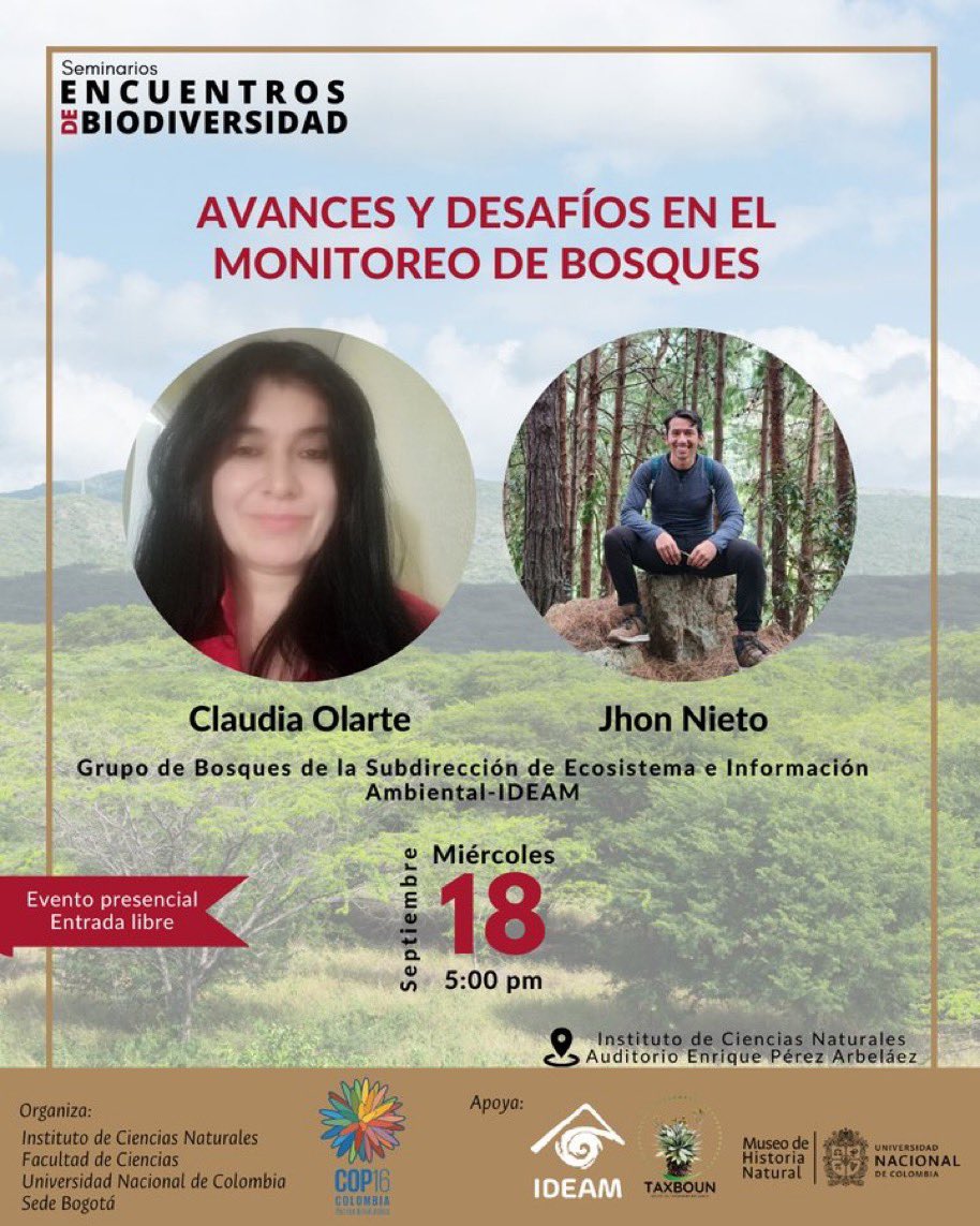 ¿Cómo y para qué hacerle seguimiento a los bosques tropicales? 🌳🌳🌳

Este miércoles en #EncuentrosDeBiodiversidad tendremos el privilegio de no tener 1 sino 2 de los investigadores líderes en monitoreo de bosques en el país: Claudia Olarte y Jhon Nieto, del <a href="/IDEAMColombia/">Ideam Colombia</a>