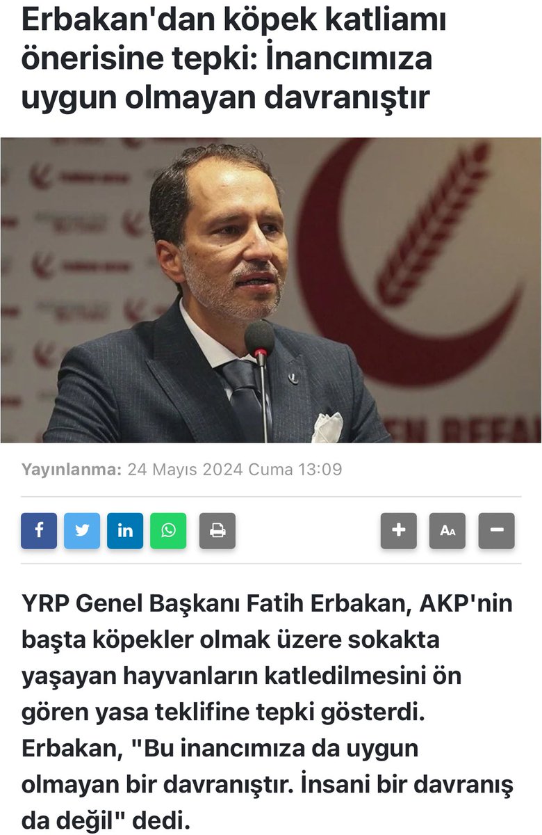 Sayın Fatih Erbakan <a href="/erbakanfatih/">Dr. Fatih Erbakan</a> ve Yeniden Refah Partisi <a href="/rprefahpartisi/">Yeniden Refah Partisi</a> yetkilileri; 
ELE TÜFEK ALIP SOKAĞA ÇIKIP YERİNDE KÖPEK ÖLDÜRMEYİ HALKA ÖNEREN, dinen ve kanunen suç olan eylemi halkı teşvik ederek suç işleyen Yavuz Arslan’ı Partinizde tutmaya devam edecek misiniz?