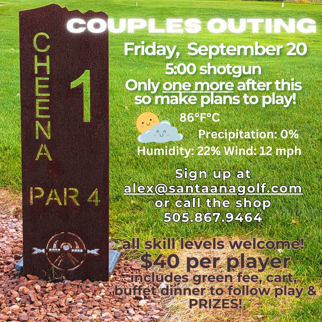 Only ONE MORE 9-hole outing in the 2024 season after this one.  Make plans to play ---the weather forecast looks like a perfect Friday afternoon! alex@santaanagolf.com or call the shop 505.867.9464
#golfdate  #9holeouting