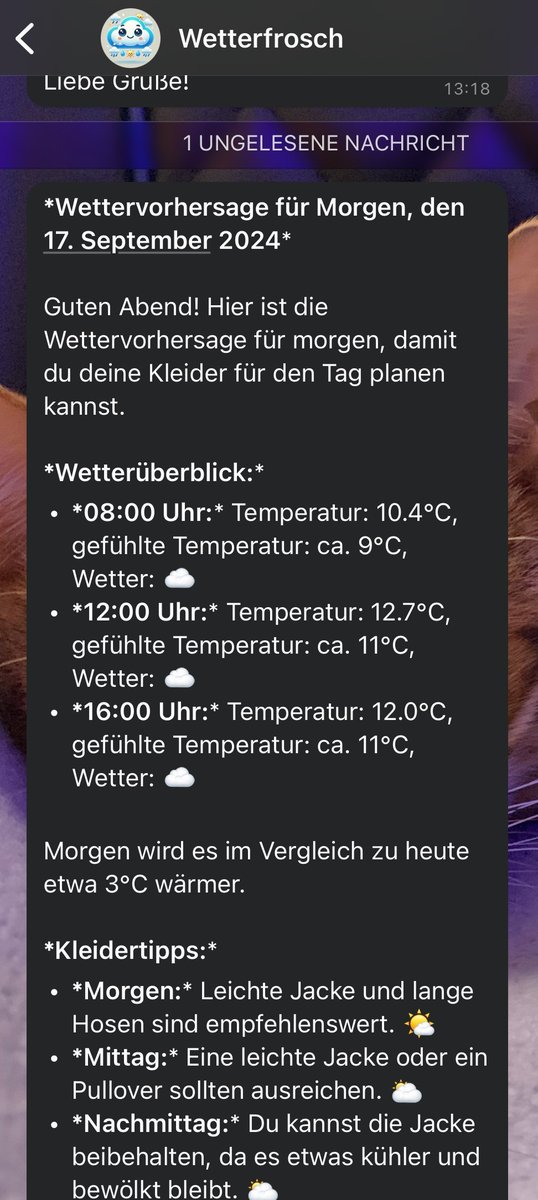 "Wie wird das Wetter🌦️? Was soll ich Anziehen? 👕"
#Kinderfragen

Ich habe ein Skript gebastelt, welches die Wetter-Daten von MeteoSchweiz durch GPT-4o interpretieren lässt und Anzieh-Tipps automatisch täglich via WhatsApp direkt an das Kind verschickt.

github.com/rueetschli/wet…