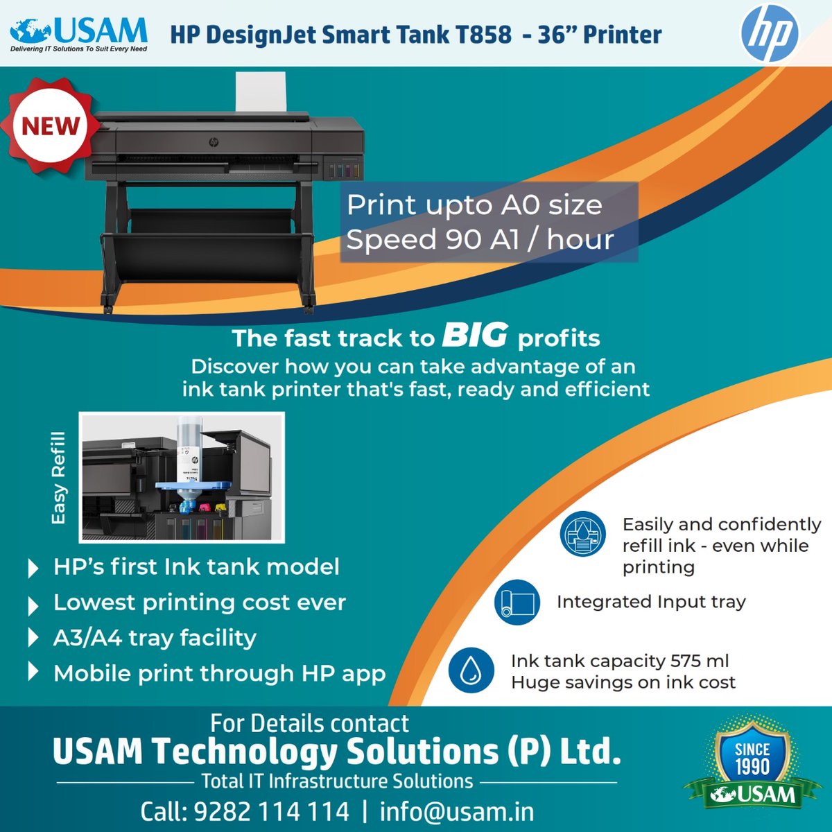 UsamTech's tweet image. Fast, efficient, and ready for BIG projects! 
Whether you&apos;re printing A3 or A0, the HP DesignJet Smart Tank T858 has got you covered. 
Huge ink capacity = HUGE savings! 
#PrintEconomy #HPDesignJet #LargeFormatPrinting #usam #hp