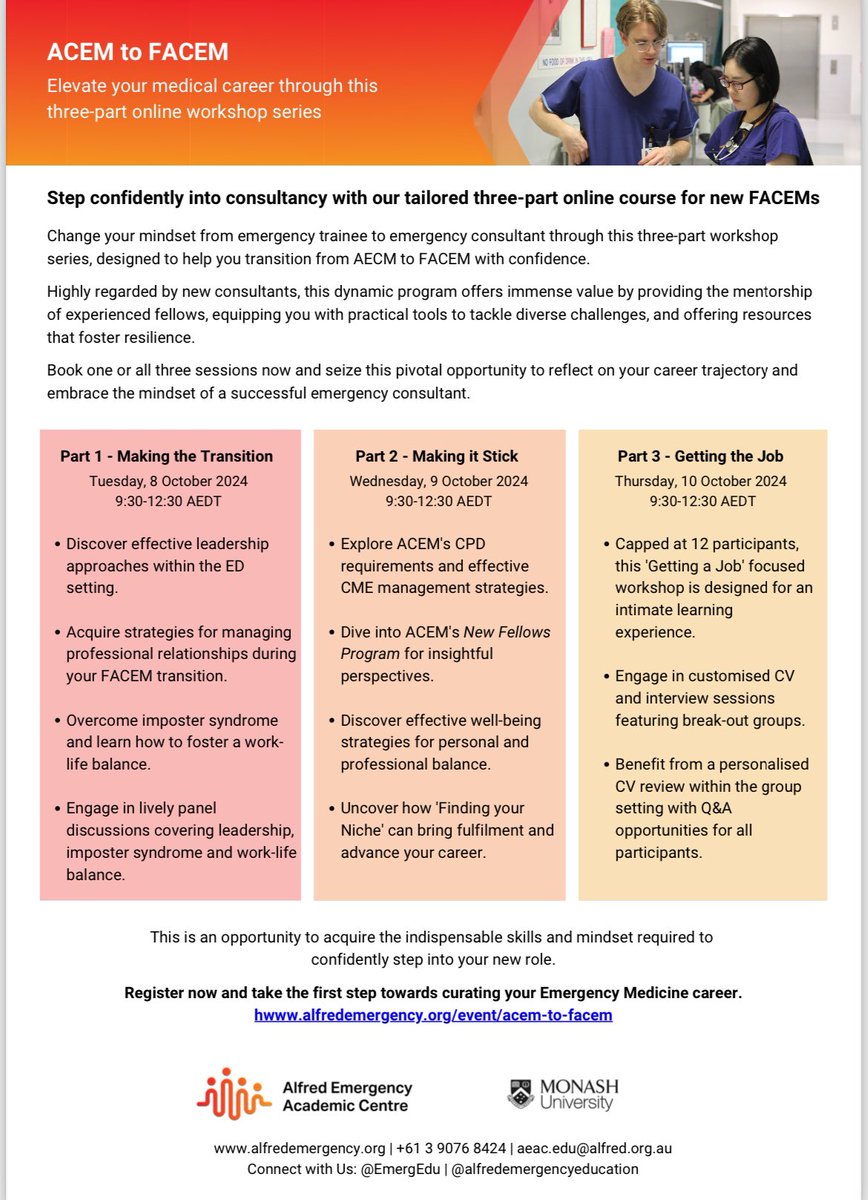 Laura Scott (@doc_laura_em) on Twitter photo It’s nearly time for our next ACEM to FACEM course!
OSCE ✅ Consultant job pending….
Come join us to hear all our tips and tricks for the next chapter.
<a href="/acemonline/">ACEM</a> <a href="/ACEMPresident/">ACEM President</a> <a href="/EmergEdu/">Alfred Emergency Academic Centre</a> <a href="/joshmon_/">Josh Monester</a> @mindfullmedic <a href="/prof_cameron/">Prof. Peter Cameron</a> It’s nearly time for our next ACEM to FACEM course!
OSCE ✅ Consultant job pending….
Come join us to hear all our tips and tricks for the next chapter.
<a href="/acemonline/">ACEM</a> <a href="/ACEMPresident/">ACEM President</a> <a href="/EmergEdu/">Alfred Emergency Academic Centre</a> <a href="/joshmon_/">Josh Monester</a> @mindfullmedic <a href="/prof_cameron/">Prof. Peter Cameron</a>