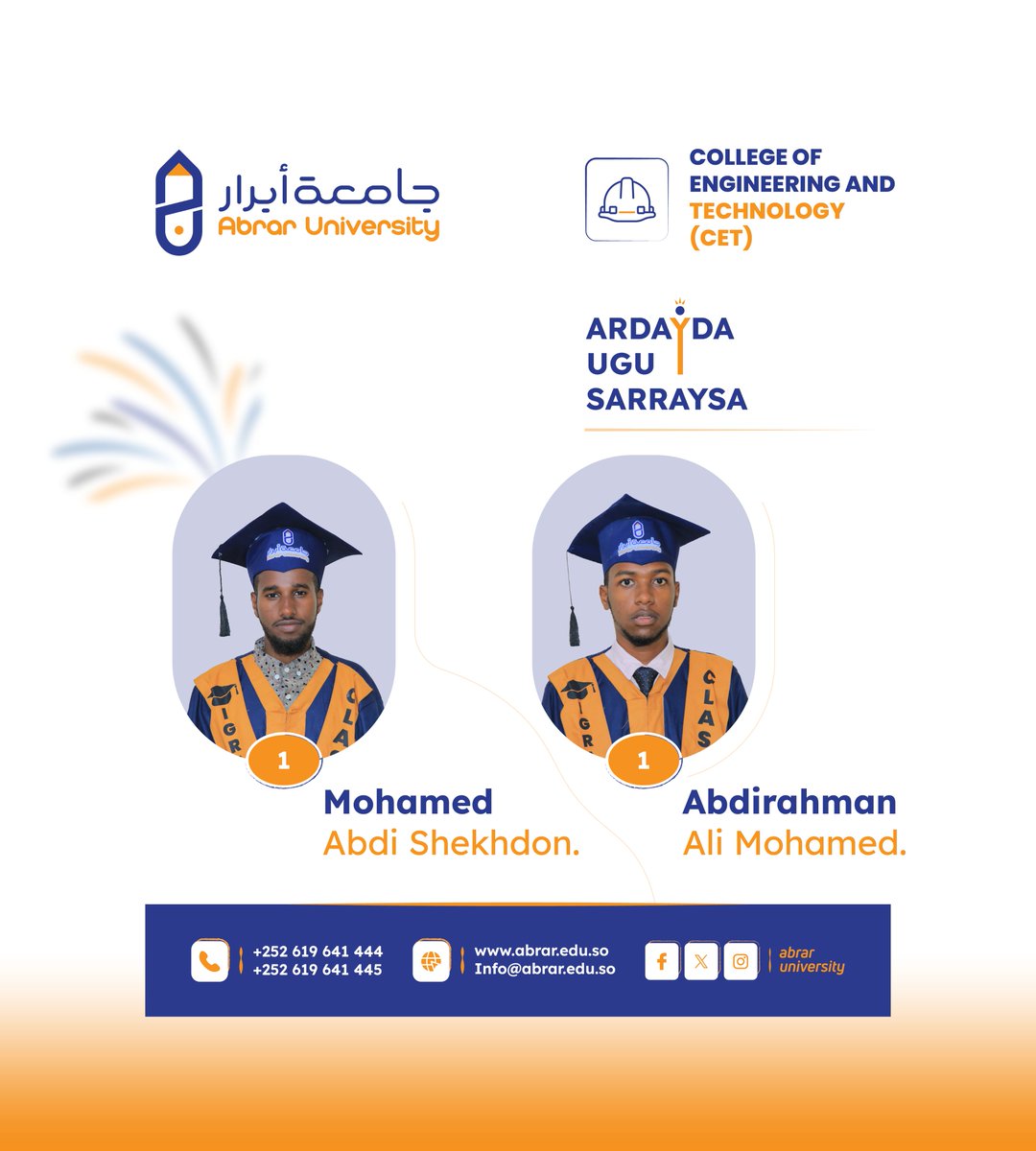 𝐀𝐛𝐝𝐢𝐫𝐚𝐡𝐦𝐚𝐧 𝐀𝐥𝐢 𝐌𝐨𝐡𝐚𝐦𝐞𝐝 𝐢𝐲𝐨 𝐌𝐨𝐡𝐚𝐦𝐞𝐝 𝐀𝐛𝐝𝐢 𝐒𝐡𝐞𝐢𝐤𝐡𝐝𝐨𝐧 ayaa noqdeen  Ardaydii kaalinta 1aad ka wada galey Kuliyadda Injineeriyadda iyo tiknoolojiyadda.
Hambalyo ayaan leenahay 𝐀𝐛𝐝𝐢𝐫𝐚𝐡𝐦𝐚𝐧 iyo 𝐌𝐨𝐡𝐚𝐦𝐞𝐝 iyo dhammaan ardeyda,
