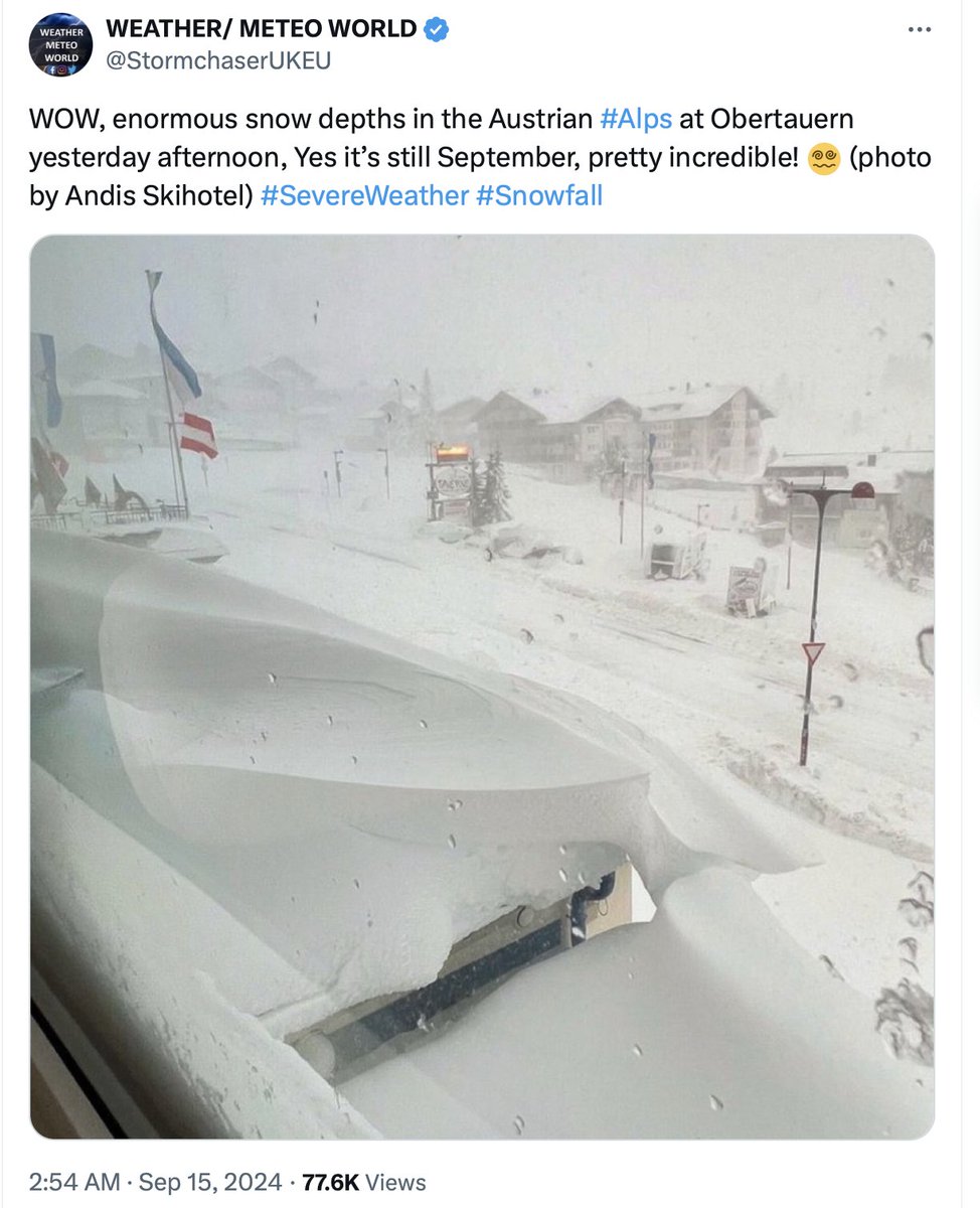 JunkScience's tweet photo. Global warming brings unprecedented/record snow accumulation to the Alps in early September. 

"The weather system also buried many towns in snow... The snowfall was also unusually intense. For some areas of the Austrian Alps, it was the first time on record that snow accumulated in September." https://t.co/lKFzJeGO3j