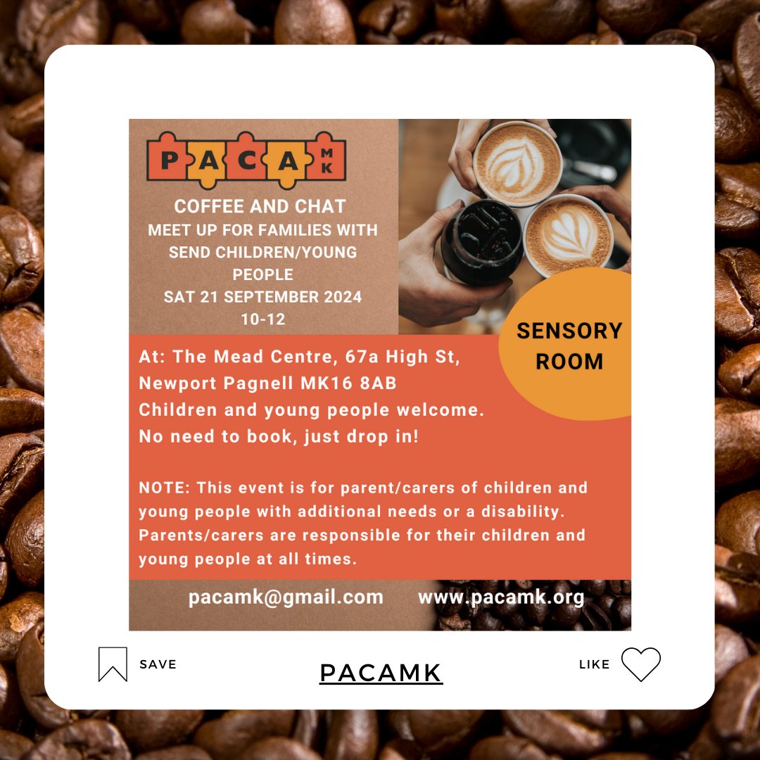 📷A reminder out Coffee and Chat is coming up this week, we are looking forward to seeing you all again and catching up!
This is for All Families with SEND young people/children on the 21st September at The Mead Centre, Newport Pagnell.
pacamk.org/calendar/