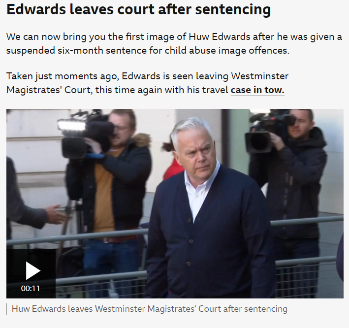 Con_Tomlinson's tweet photo. Huw Edwards has been given a six-month suspended sentence for paying another man, Alex Williams, hundreds of pounds in exchange for 41 images of abused children

He will likely never spend time in prison

Meanwhile, 53-year-old carer Julie Sweeney was given 15 months in prison for an offensive Facebook post, following the Southport riots

Sweeney's post was wrong, but unlikely to lead to imminent lawless action

Huw Edwards was actively creating a market for child abuse

In modern Britain, those involved in protests which are politically inconvenient for the Labour government receive harsher penalties than perpetrators of child s*x abuse