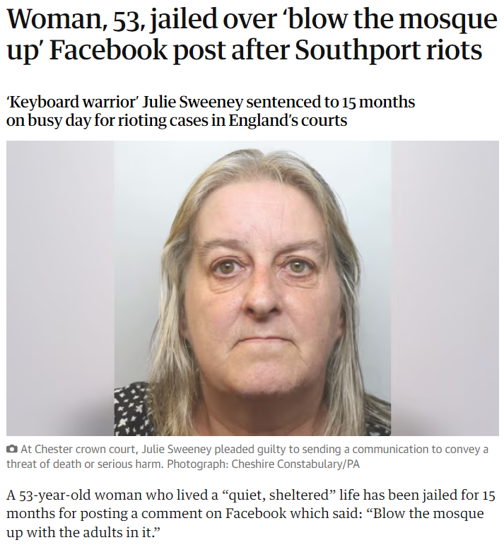 Con_Tomlinson's tweet photo. Huw Edwards has been given a six-month suspended sentence for paying another man, Alex Williams, hundreds of pounds in exchange for 41 images of abused children

He will likely never spend time in prison

Meanwhile, 53-year-old carer Julie Sweeney was given 15 months in prison for an offensive Facebook post, following the Southport riots

Sweeney's post was wrong, but unlikely to lead to imminent lawless action

Huw Edwards was actively creating a market for child abuse

In modern Britain, those involved in protests which are politically inconvenient for the Labour government receive harsher penalties than perpetrators of child s*x abuse