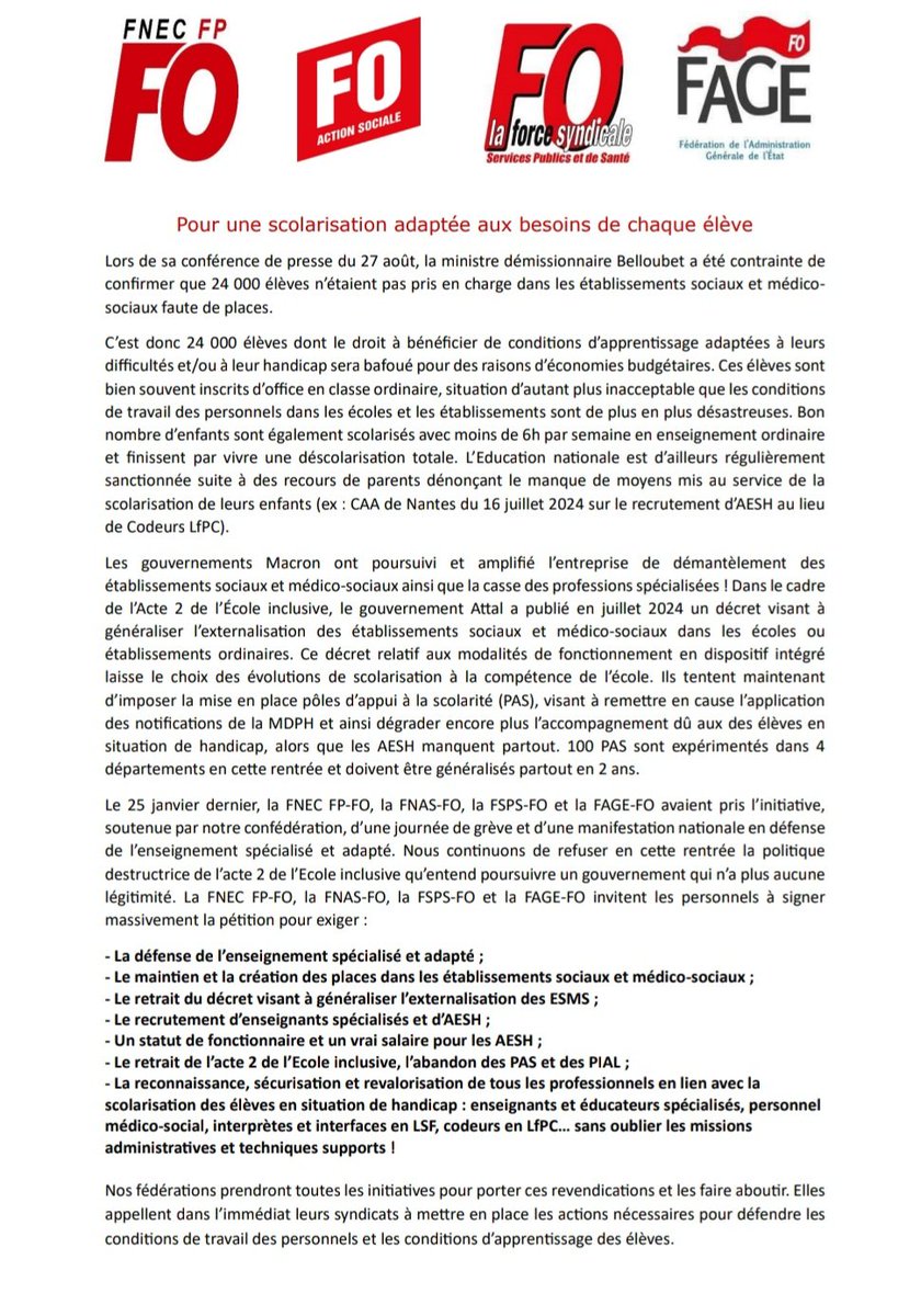Communiqué et pétition FNEC FP-FO, FNAS-FO, FSPS-FO et FAGE-FO en défense de l’enseignement spécialisé et adapté.

Pour une scolarisation adaptée aux besoins de chaque élève

Pétition en ligne : fo-fnecfp.fr/petition-defen…