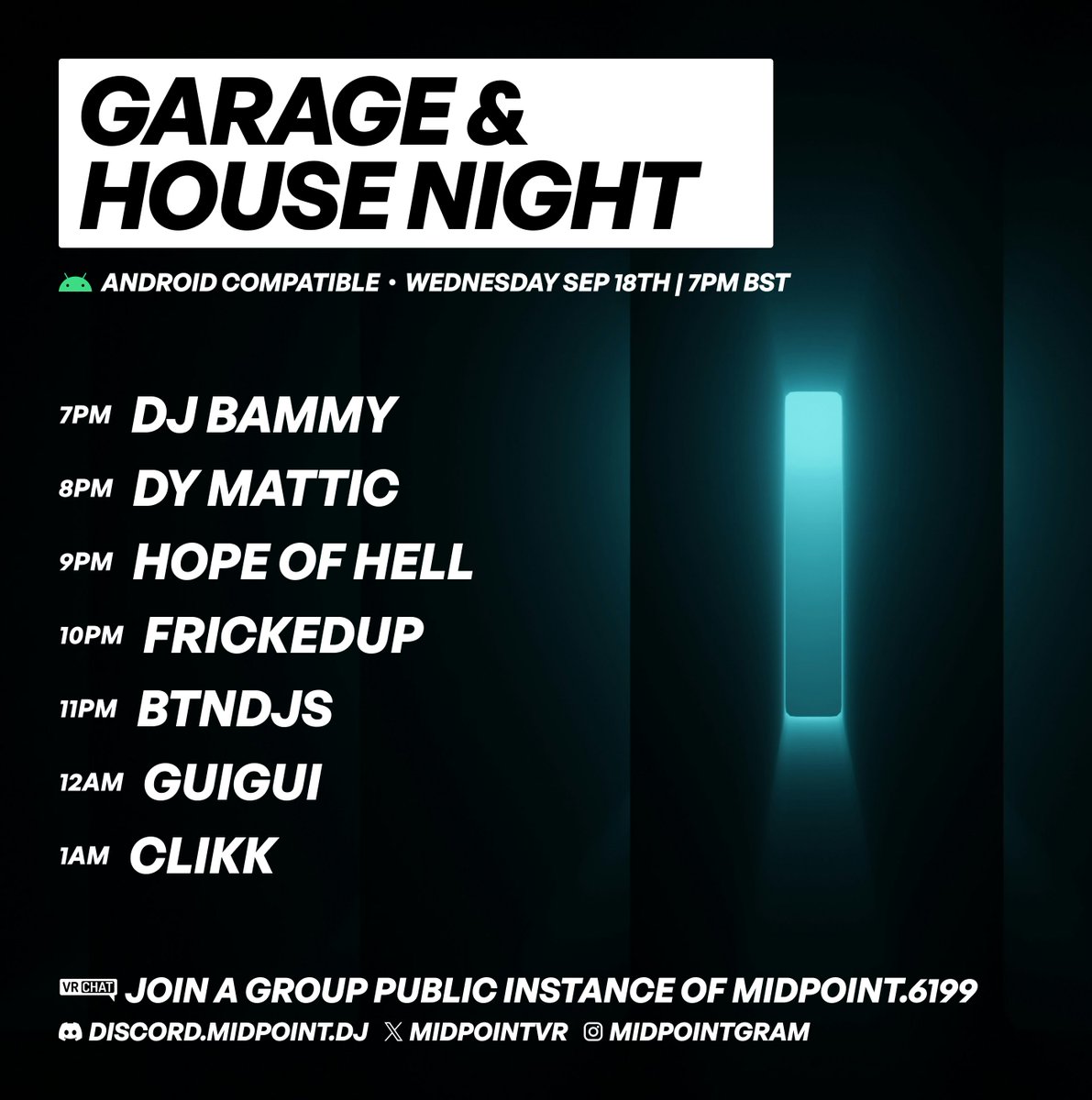 MidPointVR's tweet photo. This Wednesday at #MidPoint venue in #VRChat. 
#QuestCompatible and #Android optimized.

Starting time in different time zones: 
6PM GMT
8PM CEST
2PM EDT
3AM JST
https://t.co/RDJWRn6cjy
#vrchatevents #VRCDJ #EDM #House #Garage #Rave #UKG #VRC https://t.co/vDH5kcrzgq