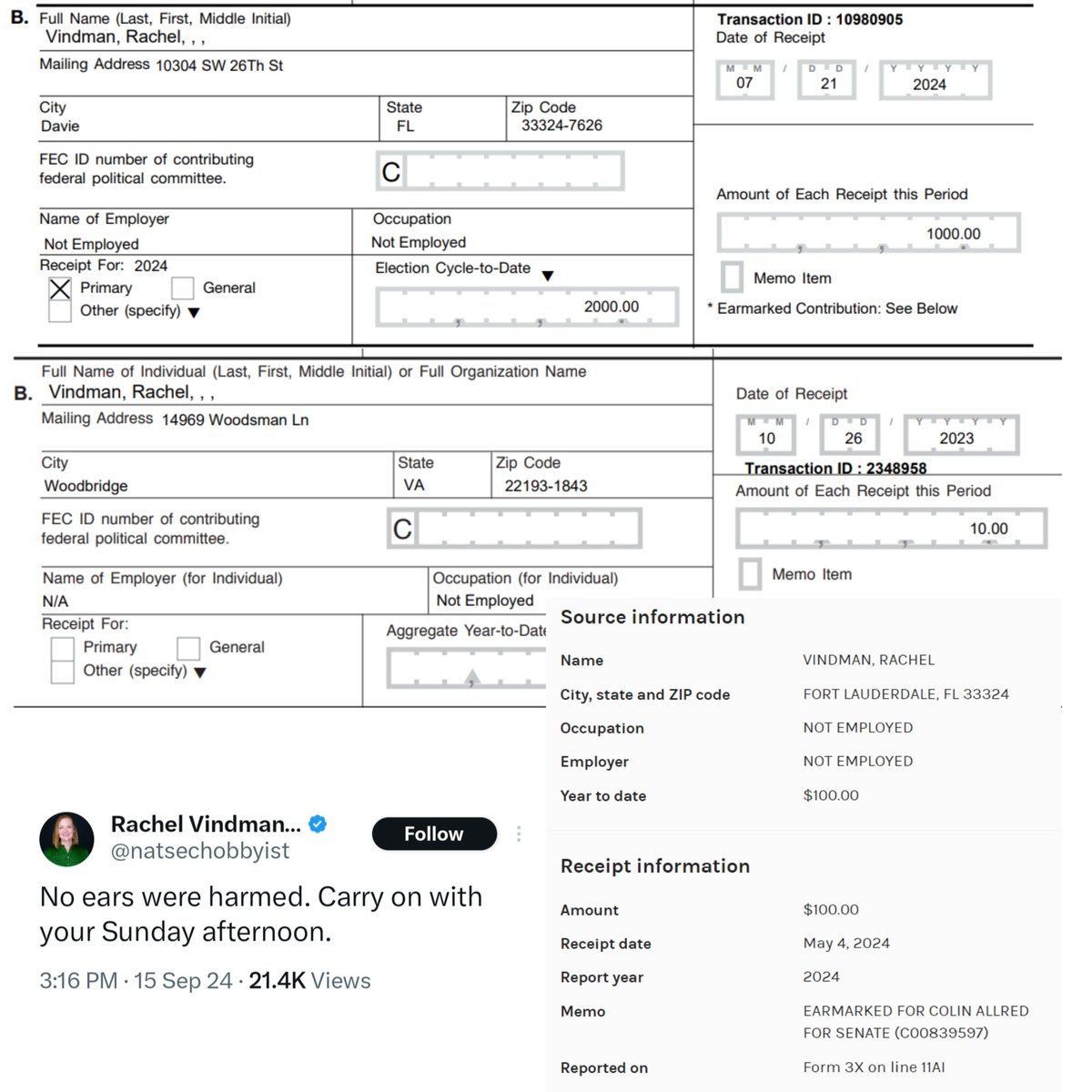Badhombre's tweet image. Hey Rachel Vindman @natsechobbyist, why are you using different addresses with the FEC for your recurring contributions to ActBlue, your husband's money laundering PAC "VoteVets", and your donations to the Harris campaign? Are you circumventing contribution limits and concealing…