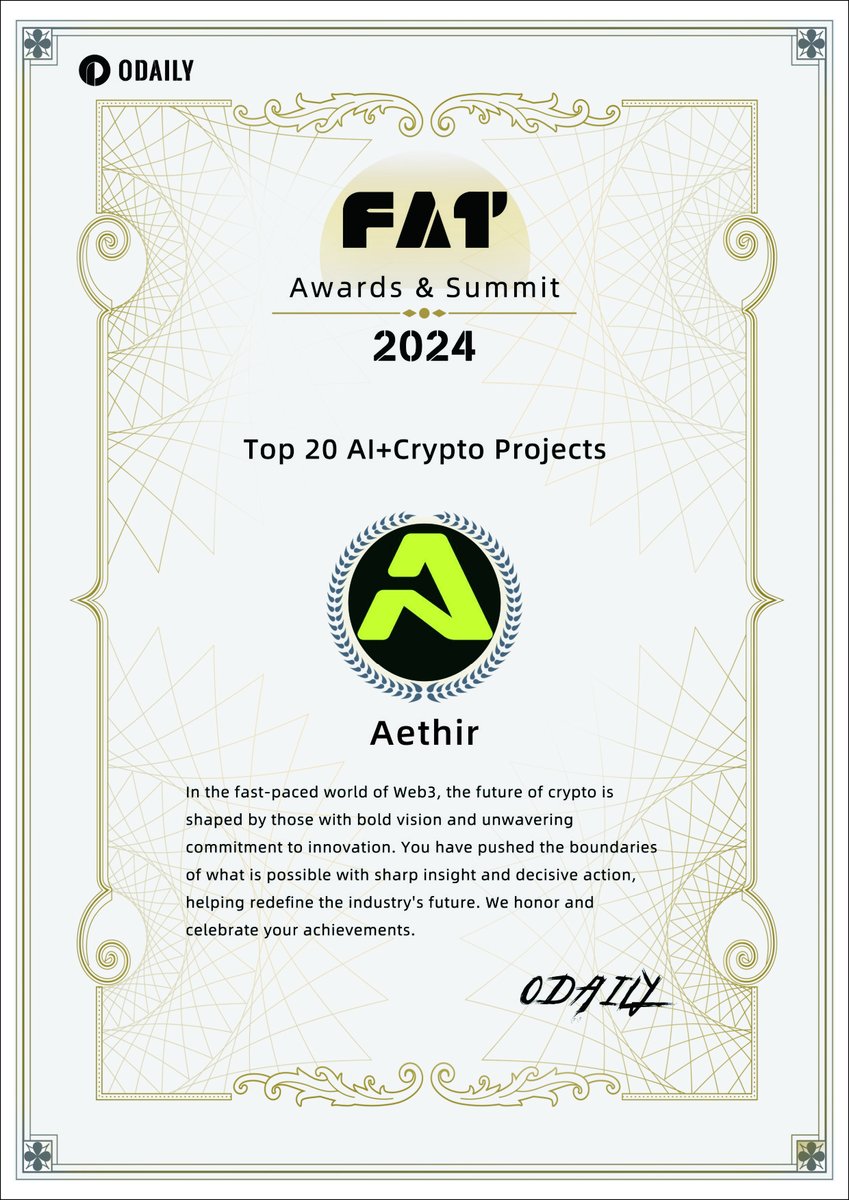 Aethir @AethirCloud 荣获「FAT Awards 2024」AI+Crypto 20大项目9月16日，在Odaily「2024  FAT Awards & Summint」颁奖典礼发布的「2024 FAT Awards」中Aethir 荣获「AI+Crypto 20大项目」。  Congratulations to Aethir for winning the 