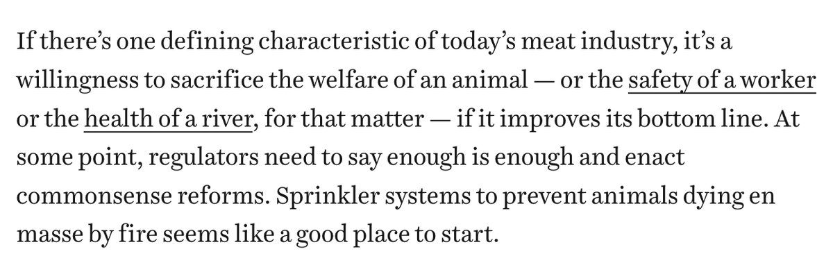 The pork industry thinks it's too costly to provide...

- Pain relief for piglets during castration. Cost: 5 cents per animal, using Meloxicam for Livestock.
- Enough space for pregnant sows to turn around. Cost: 6 cents per sow per day, per U. of Illinois analysis.
- Straw for