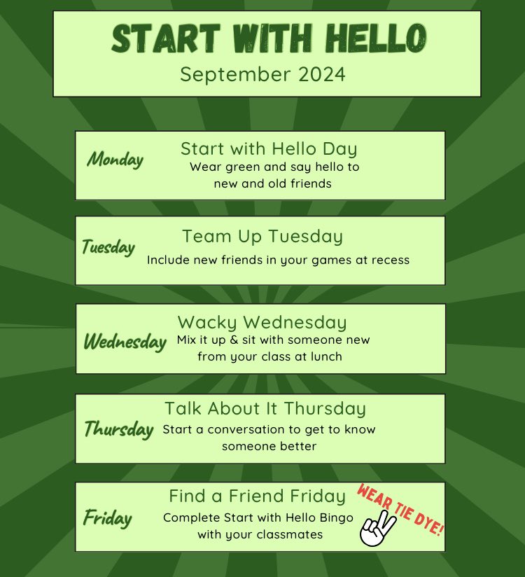 This week we are participating in Start with Hello! Wear green today, and remember that just a simple “hello” can be powerful.  💚