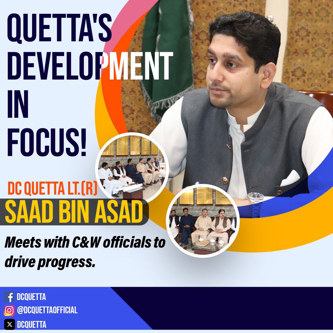 Building a brighter future for Quetta! Deputy Commissioner Quetta, Lt. (R) Saad Bin Asad, meets with officials from the Communication and Works Department to discuss the city's development and infrastructure projects. 

#QuettaDevelopment #SaadBinAsad #DCQuetta