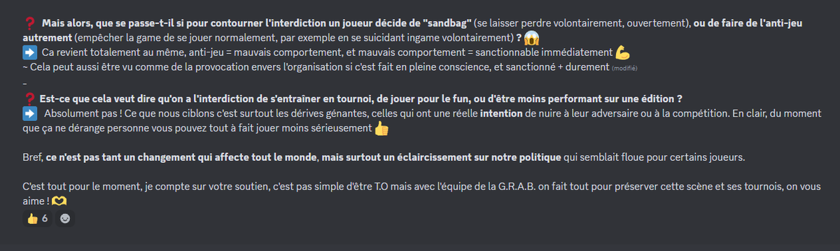 GG • Jed4Smash (@jed4smash) on Twitter photo Les nouvelles règles du D-Lay sont tombées. Elles réglementent les DQs et le sandbag. Et puisque qu'il faut aller pleurer sur twitter dans cette ville quand on a un problème, je peux le faire aussi. En plus ça marche visiblement puisque ça a fait bouger les règles une fois. Les nouvelles règles du D-Lay sont tombées. Elles réglementent les DQs et le sandbag. Et puisque qu'il faut aller pleurer sur twitter dans cette ville quand on a un problème, je peux le faire aussi. En plus ça marche visiblement puisque ça a fait bouger les règles une fois.