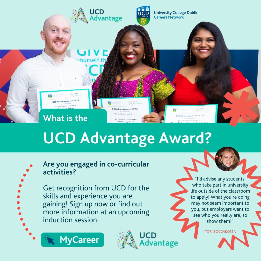 Are you are a part of a UCD Society or sports team? Do you volunteer for a charity? If so, you may be eligible for the UCD Advantage Award🏆 

Apply now via the link in our bio to attend the upcoming induction session on Thurs 19 Sept🗓️ 

#ucdcareers