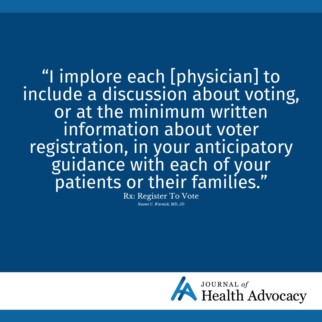 Journal of Health Advocacy (@jhealthadvocacy) on Twitter photo New #HealthAdvocacyMatters blog from <a href="/JHealthAdvocacy/">Journal of Health Advocacy</a>:
Anticipatory guidance should include nonpartisan information about civic engagement, writes Dr. Naomi Warnick MD, JD of <a href="/UofLPedsEM/">UofLPedsEM</a>
Read it here: jha.scholasticahq.com/post/2688 New #HealthAdvocacyMatters blog from <a href="/JHealthAdvocacy/">Journal of Health Advocacy</a>:
Anticipatory guidance should include nonpartisan information about civic engagement, writes Dr. Naomi Warnick MD, JD of <a href="/UofLPedsEM/">UofLPedsEM</a>
Read it here: jha.scholasticahq.com/post/2688