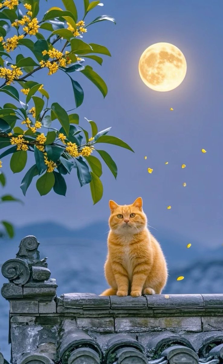 The cat is immersed in the full moon and flowers.