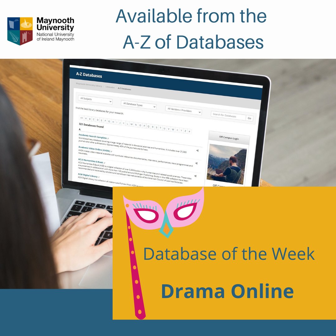 library_MU's tweet photo. To celebrate Orientation week, we have chosen: Drama Online for our #MuLibraryDatabaseOfTheWeek
https://t.co/C37YnEM4Qf
Introduces new writers alongside the most iconic names in playwriting history
Available via A-Z Databases 
@MaynoothUni @StPatsMaynooth credentials for access https://t.co/tzdf2rdTqi