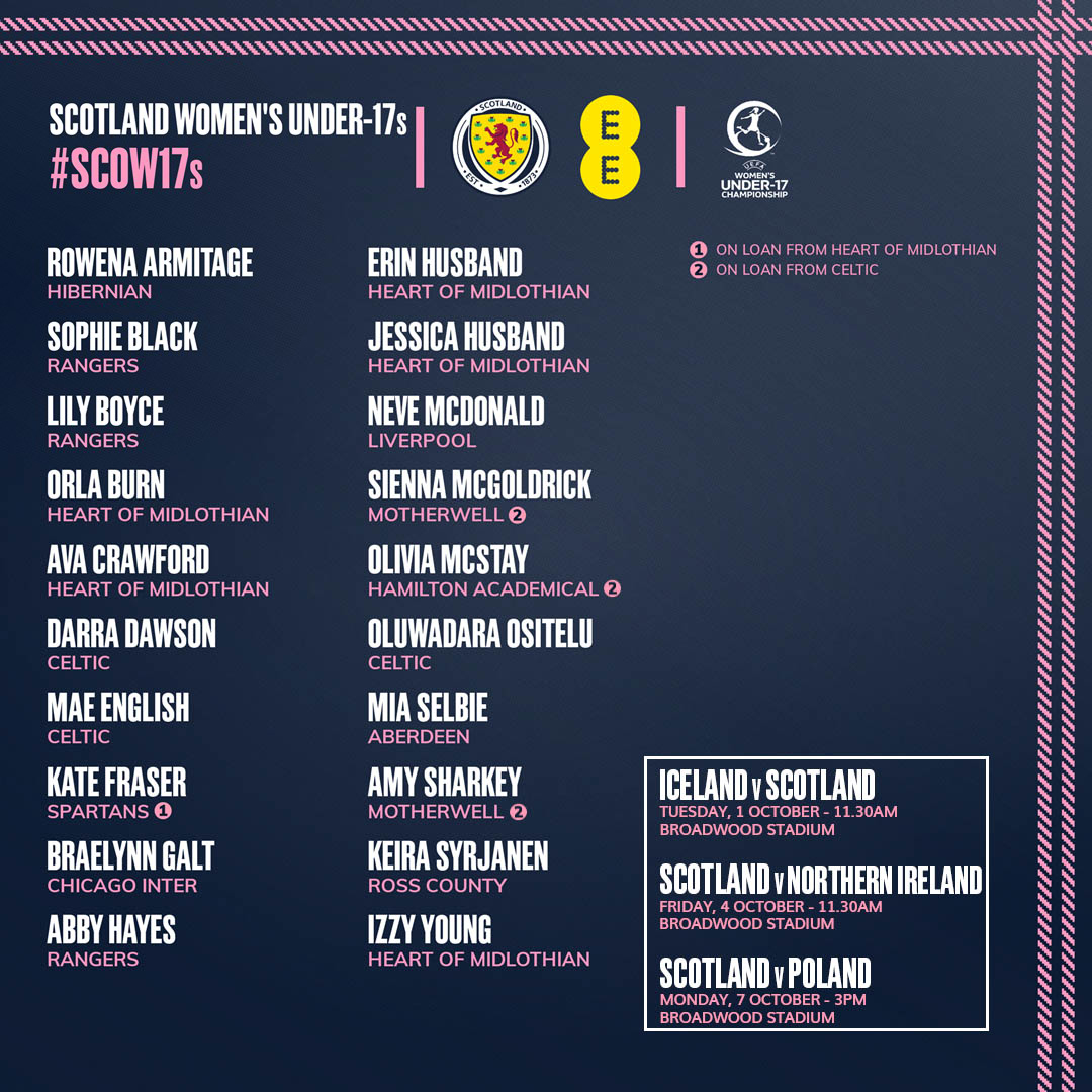 #SCOW17s | Your Scotland Women's Under-17s squad has been named for our #WU17EURO League A qualifiers next month.

All three matches will take place at Broadwood, with free entry – and if you can't make it along, they will also be streamed on our YouTube channel too.

#YoungTeam