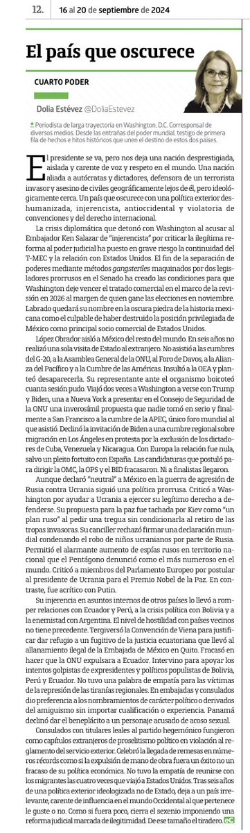 El presidente se va, pero nos deja una nación desprestigiada, aislada y carente de voz y respeto. Un país que oscurece con una política exterior deshumanizada, injerencista, antioccidental y violatoria de convenciones y del derecho internacional. Mi #CuartoPoder en <a href="/EjeCentral/">EjeCentral</a>