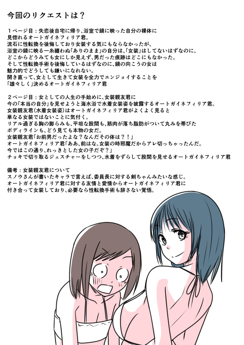 pixivリクエスト73 オートガイネフィリアくんと女装くん 正規ルート?
オートガイネフィリアくんが女の子から告白されて
断腸の思いで断った正規ルート
付き合うパターンが実はIFルートなのでした
女装をしている親友を驚かせる話です 