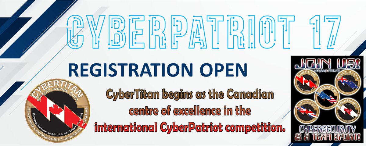#cdned &amp; youth community groups, you still 2 weeks to sign up student teams of 4-6 for this year's #CyberTitan competition: cybertitan.ca, which begins as the Canadian centre of excellence in the international US based CyberPatriot competition: uscyberpatriot.org/competition/Co…