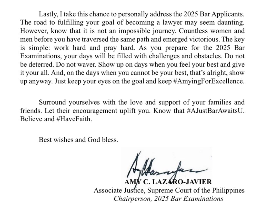angabogado's tweet photo. “And, on the days when you cannot be your best, that’s alright, show up anyway.”

Feel ko talaga nanay ko si Justice Amy sa message na ‘to. 

#AmyingForExcellence
#AJustBarAwaitsU
#HaveFaith
#Bar2025 https://t.co/7lS9B0UtEz