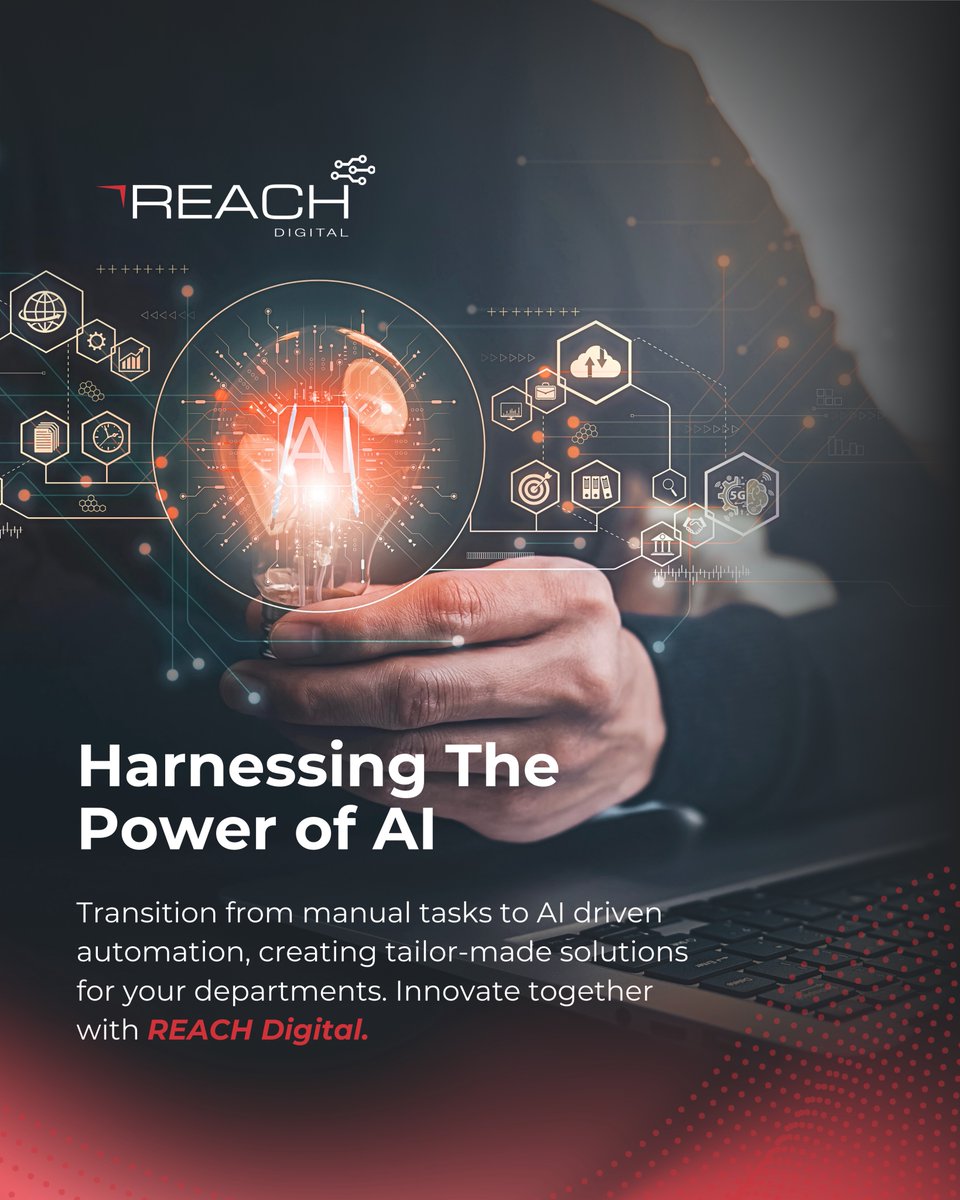Reachdigitalae's tweet image. We specialize in creating tailor-made solutions for your departments, streamlining processes and boosting efficiency. 

Let’s innovate together and transform your operations for a smarter future. 

#aiautomation #innovatewithreach #tailormadesolutions