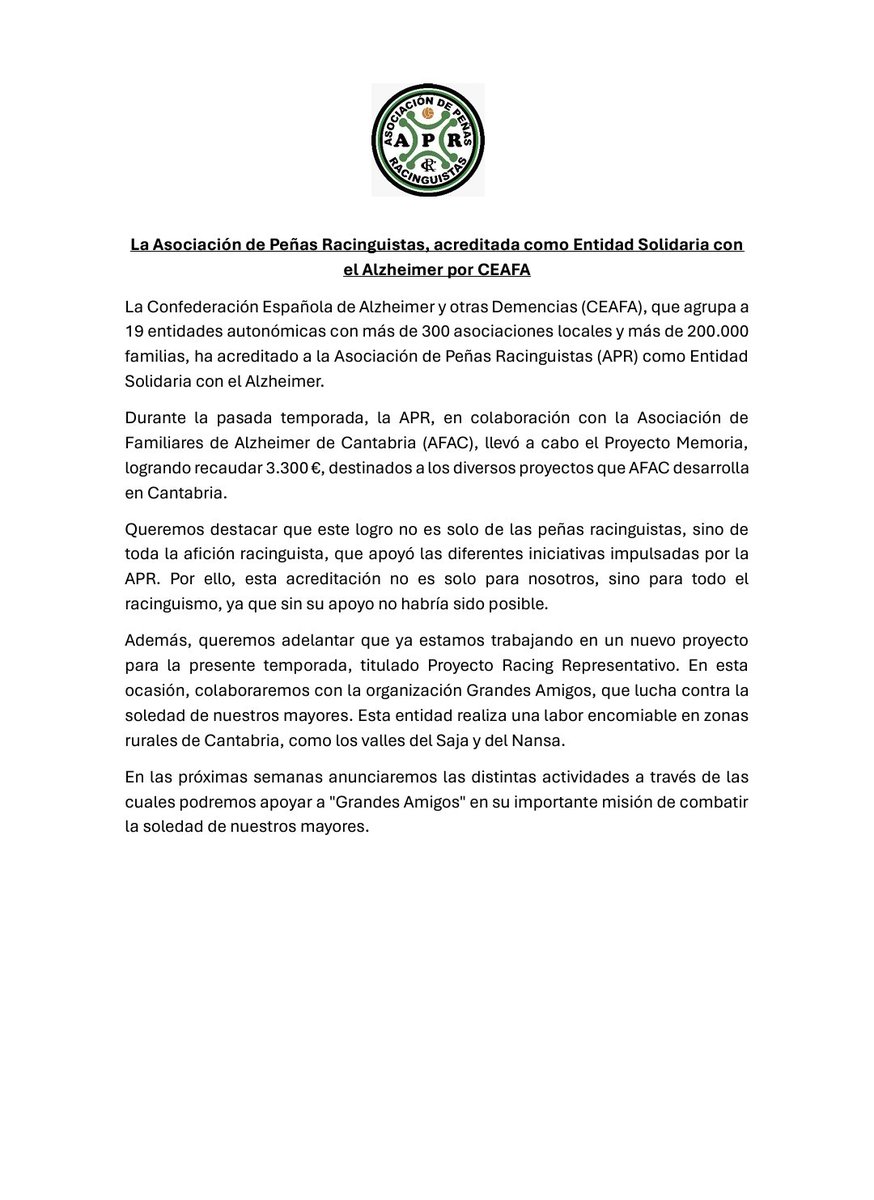 APR_Racing's tweet photo. Racinguistas!!!

Queremos compartir con todos vosotros la siguiente noticia que nos acaba de llegar

La Asociación de Peñas Racinguistas, acreditada como Entidad Solidaria con el Alzheimer por CEAFA (@AlzheimerCeafa)

Muchísimas gracias 
@AFACantabria
@RacingFundacion https://t.co/TXoEV0gQwy