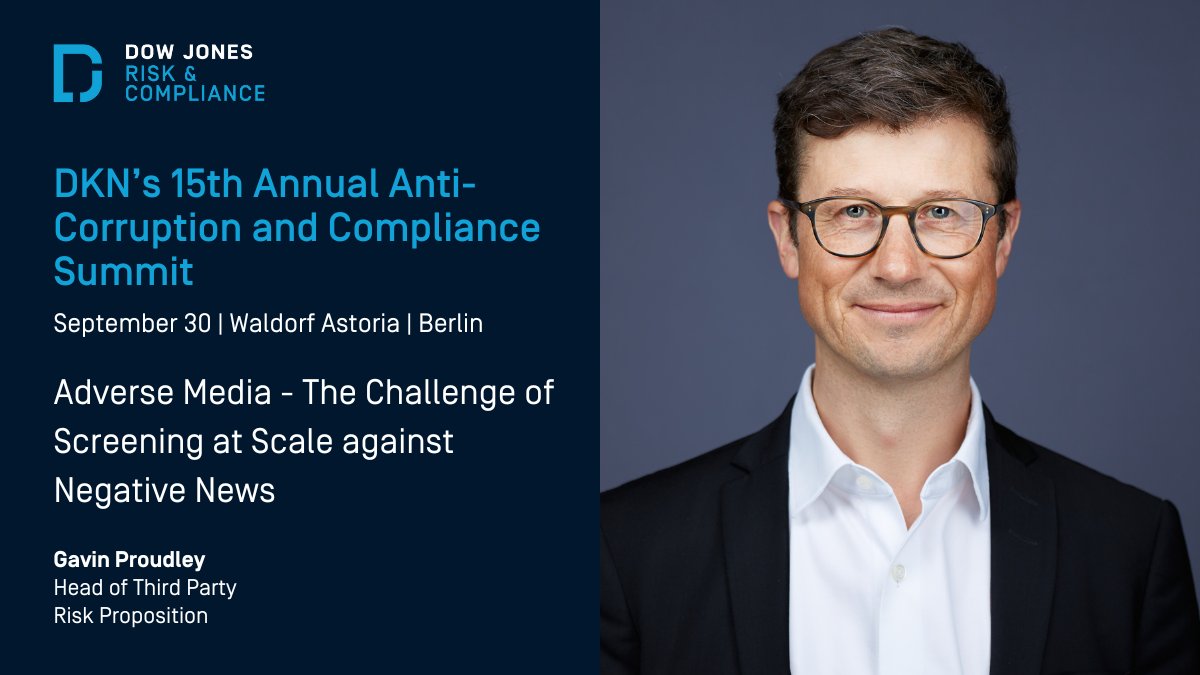 Dow Jones Risk & Compliance (@djcompliance) on Twitter photo We're sponsoring the 15th Annual #AntiCorruption and #Compliance Summit held by DKN in #Berlin on September 30! Learn more: bit.ly/3MKjy9x
<a href="/gavinjp/">gavin proudley</a> will delve into #AdverseMedia - The Challenge of Screening at Scale against #NegativeNews. We're sponsoring the 15th Annual #AntiCorruption and #Compliance Summit held by DKN in #Berlin on September 30! Learn more: bit.ly/3MKjy9x
<a href="/gavinjp/">gavin proudley</a> will delve into #AdverseMedia - The Challenge of Screening at Scale against #NegativeNews.