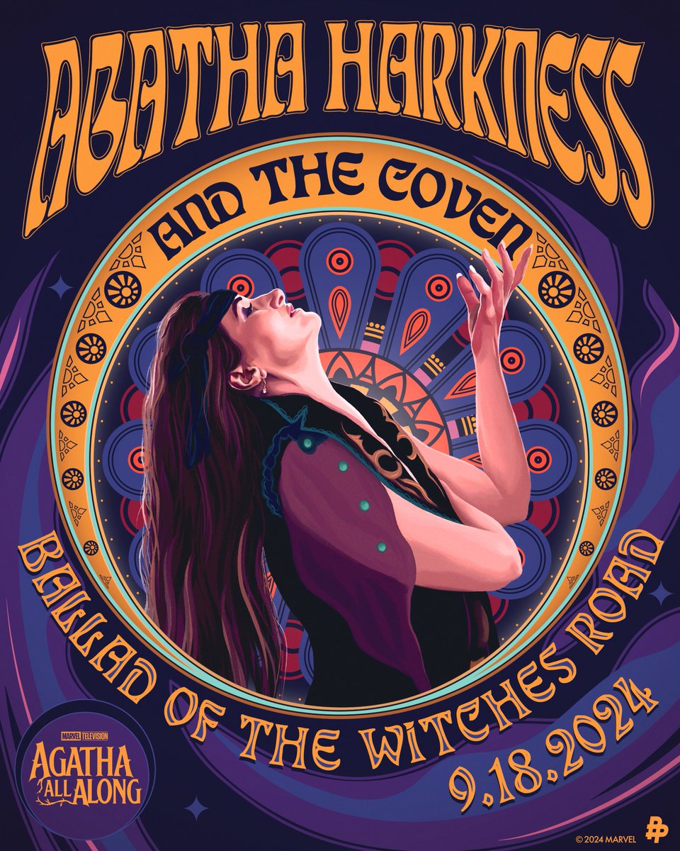 MarvelStudios's tweet photo. See you on The Road witches 🎶 Stream the two episode premiere of #AgathaAllAlong September 18 on @DisneyPlus.

🎨: @sophiecowdrey https://t.co/V2zoU2iSfF