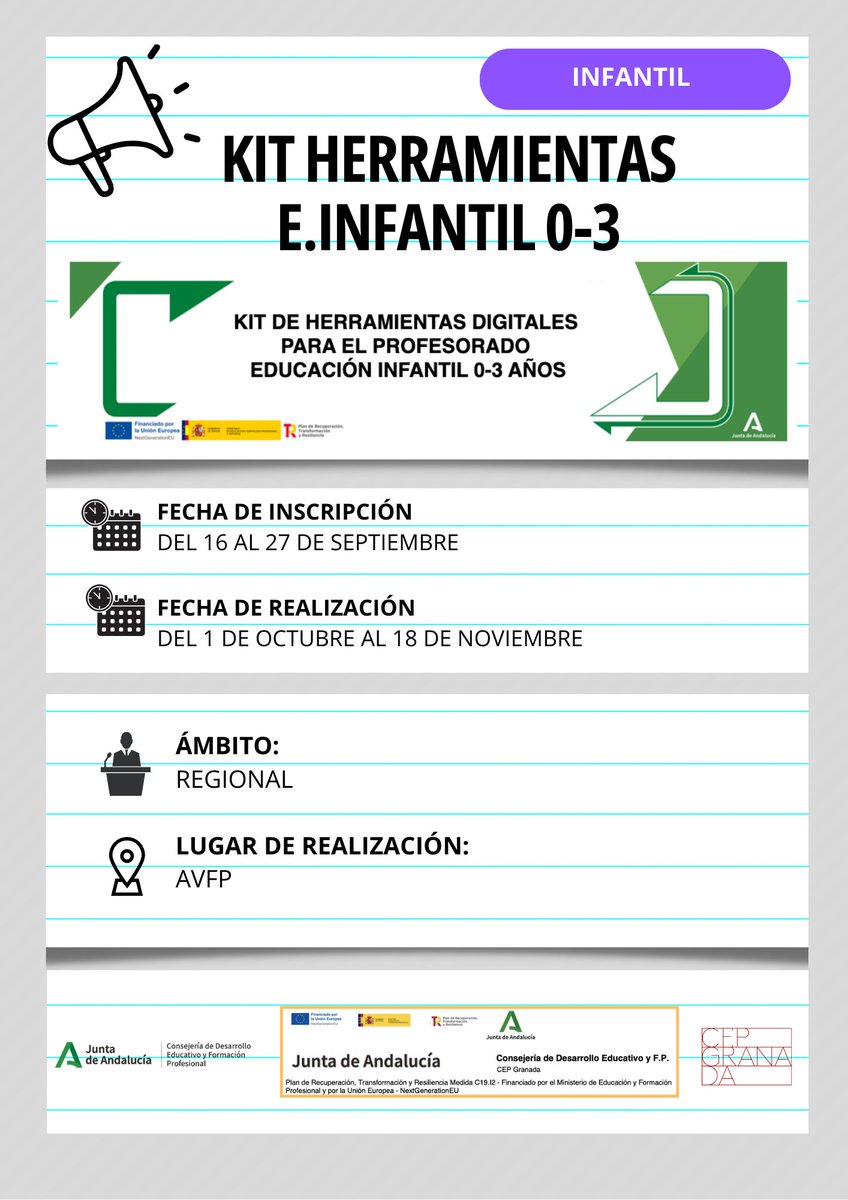 🗓️ Abierto plazo de inscripción KIT DE HERRAMIENTAS DIGITALES PARA EL PROFESORADO DE EDUCACIÓN INFANTIL 0-3 AÑOS

➡️ Curso editado recientemente
➡️ Al finalizar el curso se puede alcanzar nivel A1 de CDD

➡️ Información e inscripción: juntadeandalucia.es/educacion/secr…