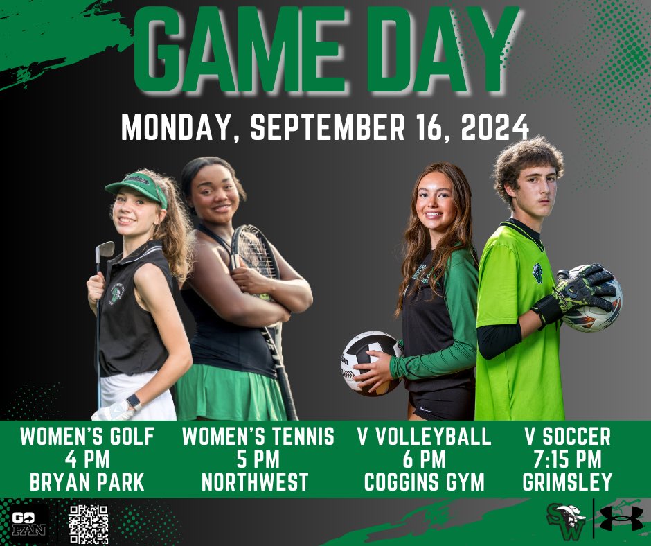 It’s GAME DAY!
W Golf at 4 @ Bryan Park
W Tennis at 5 @ Northwest
JV Soccer at 5:45 @ Grimsley
V Volleyball at 6 @ Home
V Soccer at 7:15 @ Grimsley
Get your tickets on GoFan with the link in our bio!
#gocowboys #cowboystrong #swghsathletics