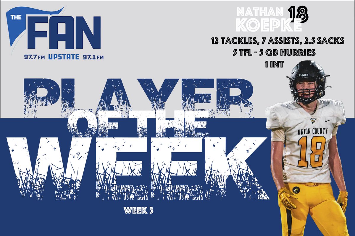 🚨 WEEK THREE POTW 🚨 

Congratulations to <a href="/nathan_koepke/">Nathan Koepke</a> on his outstanding performance against Blacksburg on Thursday! 

Union County picked up their first win of the season in comeback fashion! 🔥 

<a href="/CoachQIsom/">Coach Quinnon Isom🏈</a>