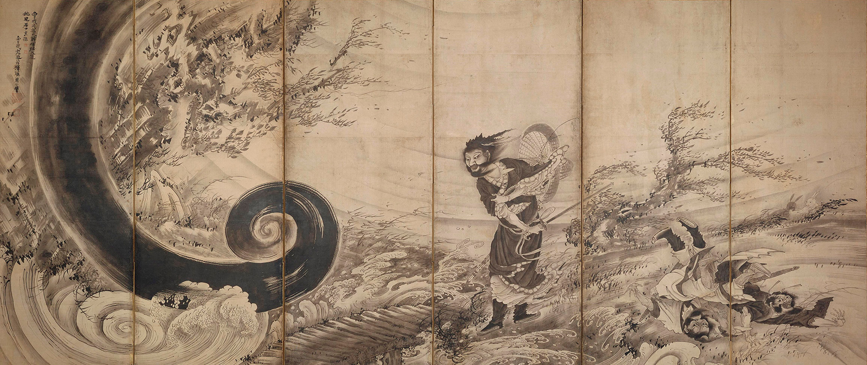 二曲屏風 肉筆 書画［沈栄 牡丹］清代書画家 苏州の人（1794