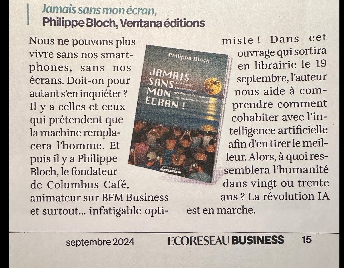 Merci à Jean-Baptiste Leprince et <a href="/GeoffreyMW7/">Geoffrey Wentzel</a>  de ce coup de projecteur sur mon nouveau livre "Jamais sans mon écran !" paru cette semaine dans @cÉoRéseau le mensuel Business qui positive ainsi qu'à <a href="/Thierrysaussez/">thierry saussez</a>  pour son Edito !
#jamaissansmonecran
philippebloch.com
