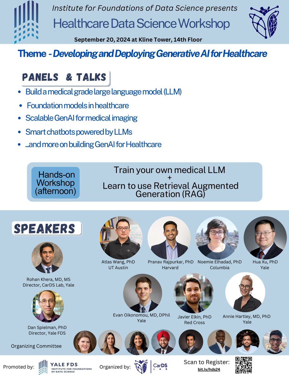 Rohan Khera (@rohan_khera) on Twitter photo 📣 Workshop on Generative AI in Healthcare <a href="/yaledatascience/">Yale Data Science</a> organized by <a href="/cards_lab/">CarDS Lab</a>
Featuring ⭐️ lineup
<a href="/noemieelhadad/">Noémie Elhadad</a> <a href="/pranavrajpurkar/">Pranav Rajpurkar</a> <a href="/HuaXu_SBMI/">Hua Xu</a> <a href="/anniehartley_/">Mary-Anne Hartley (Annie)</a> <a href="/ekoikonomou/">Evangelos K. Oikonomou</a> #JavierElkin #AtlasWang
<a href="/af_pedroso/">Aline Pedroso</a> <a href="/PhyllisTweets/">Phyllis Thangaraj</a>
Register: bit.ly/hds24 📣 Workshop on Generative AI in Healthcare <a href="/yaledatascience/">Yale Data Science</a> organized by <a href="/cards_lab/">CarDS Lab</a>
Featuring ⭐️ lineup
<a href="/noemieelhadad/">Noémie Elhadad</a> <a href="/pranavrajpurkar/">Pranav Rajpurkar</a> <a href="/HuaXu_SBMI/">Hua Xu</a> <a href="/anniehartley_/">Mary-Anne Hartley (Annie)</a> <a href="/ekoikonomou/">Evangelos K. Oikonomou</a> #JavierElkin #AtlasWang
<a href="/af_pedroso/">Aline Pedroso</a> <a href="/PhyllisTweets/">Phyllis Thangaraj</a>
Register: bit.ly/hds24