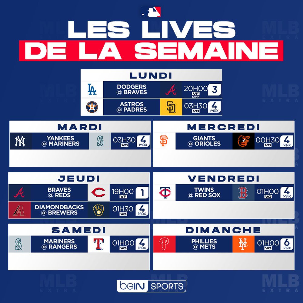 MLBextra (@mlbextra) on Twitter photo ⚾️ #MLBextra
🚨 Voici le programme des matchs diffusés du 16 au 22 Septembre sur <a href="/beinsports_FR/">beIN SPORTS</a> (sous réserve de modifications) !
🎙️Matchs en VF :
- Dodgers @ Braves lundi 16/09 (différé)
- Braves @ Reds jeudi 19/09 (live) ⚾️ #MLBextra
🚨 Voici le programme des matchs diffusés du 16 au 22 Septembre sur <a href="/beinsports_FR/">beIN SPORTS</a> (sous réserve de modifications) !
🎙️Matchs en VF :
- Dodgers @ Braves lundi 16/09 (différé)
- Braves @ Reds jeudi 19/09 (live)
