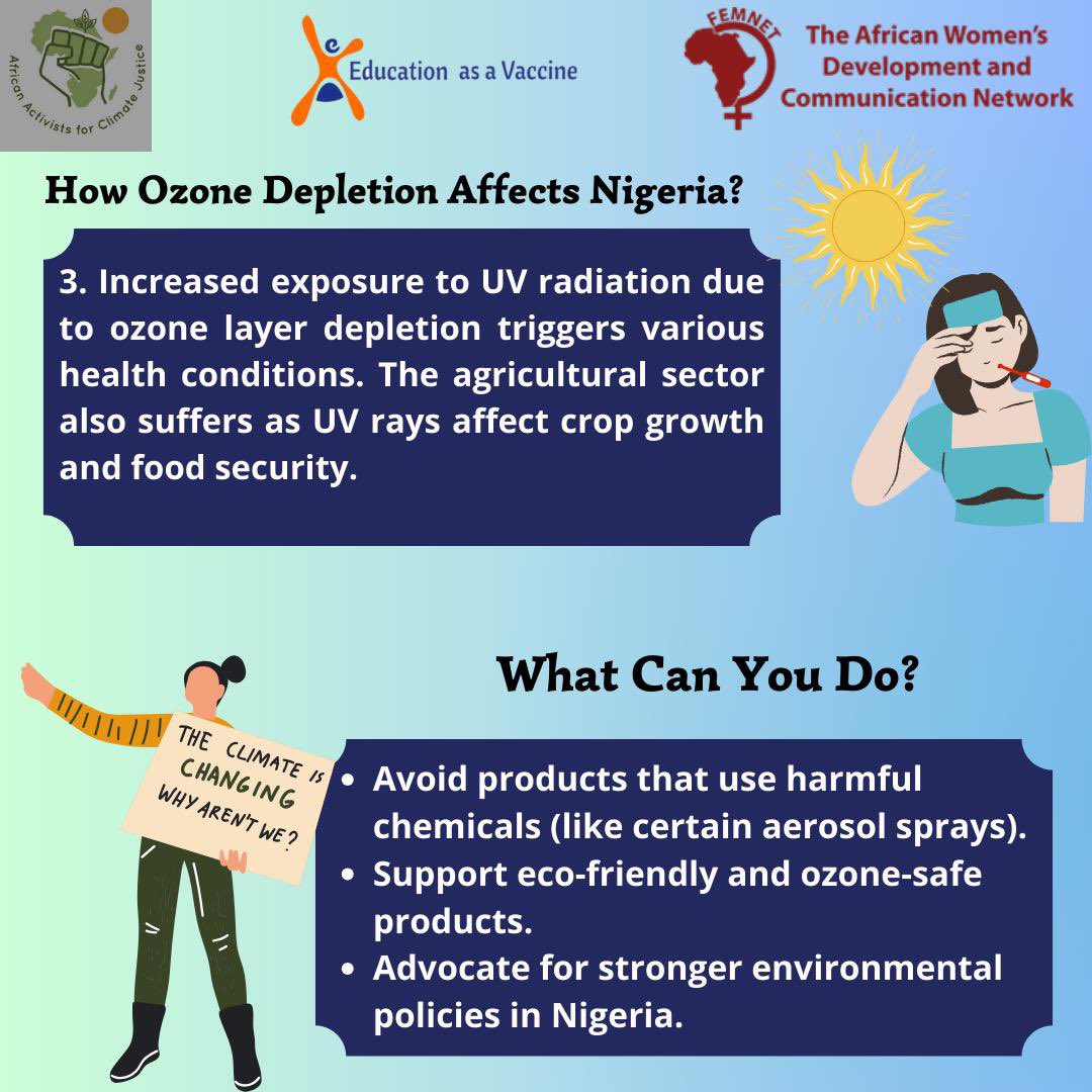jennygoodwaters's tweet photo. In Nigeria, ozone depletion can seriously affect our health, agriculture, and environment. In commemoration, of World Ozone Day, let's learn how the ozone layer and climate change are connected and what we can do to protect both! #WorldOzoneDay #ClimateAction #SustainableNigeria https://t.co/YmRwpFe7Ln