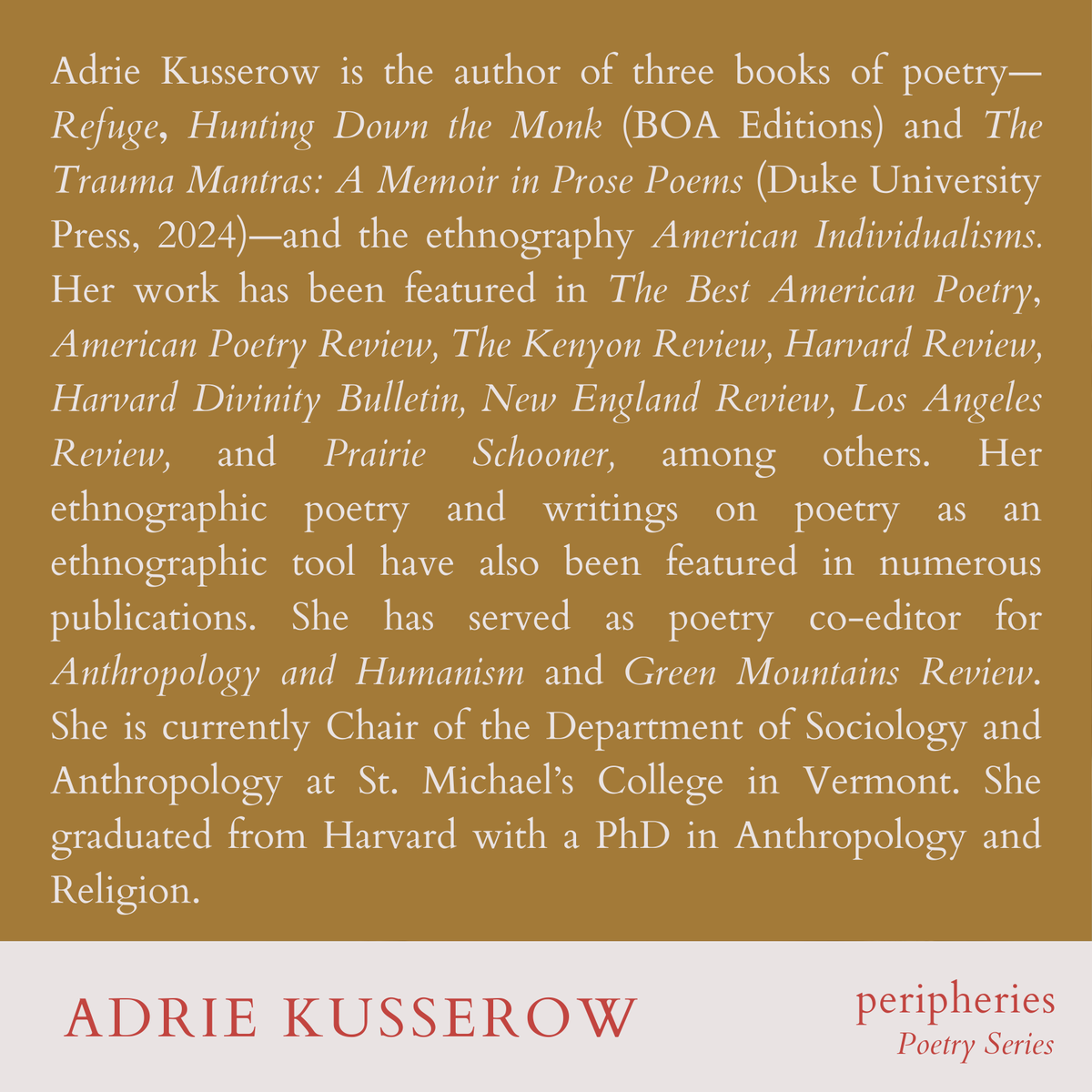 _peripheries's tweet image. Join us a for a special event on Adrie Kusserow's The Trauma Mantras with two of our own HDS poets, Zia Pollis and Yena Sharma Purmasir, this Thursday 9/19.

6PM, CSWR Common Room. See you there!

register: harvard.az1.qualtrics.com/jfe/form/SV_3L…