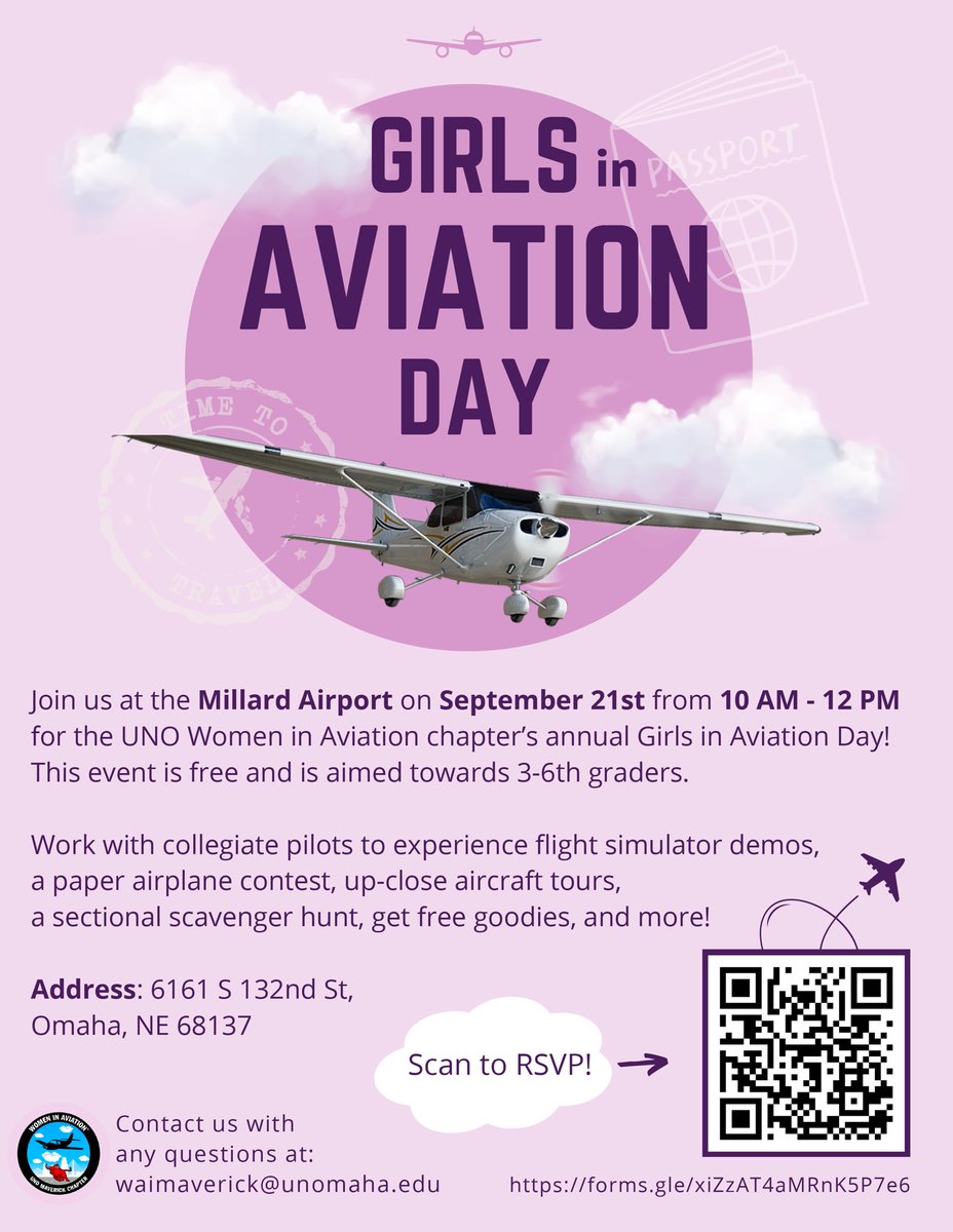 Girls in Aviation Day is September 21 at the Millard Airport! Check out the flyer for more info and to register :)