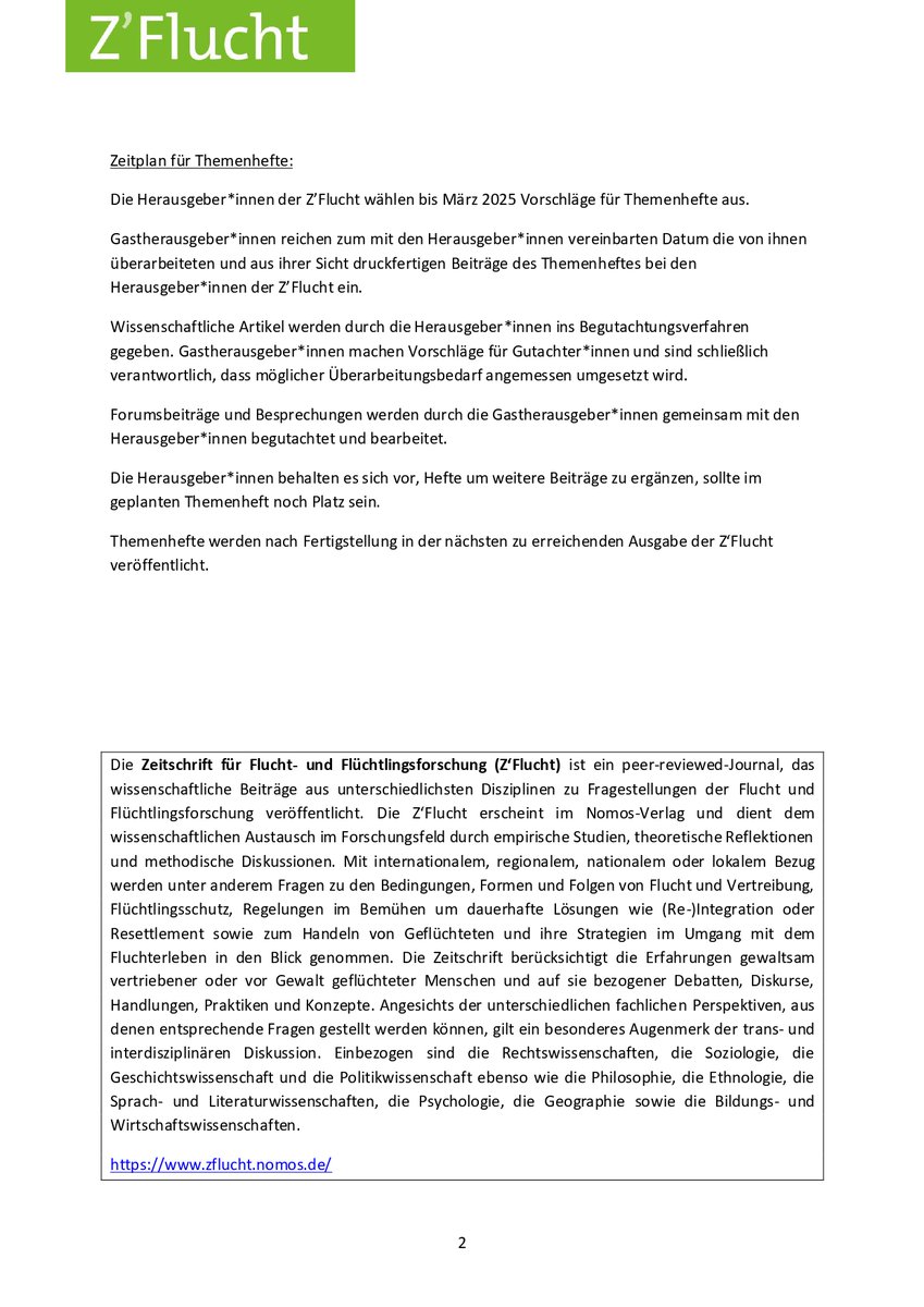 📢Call for Proposals:  Gastherausgabe eines Themenheftes

🗓️ Bitte senden Sie Vorschläge für ein Themenheft bis zum 13. Januar 2025 an flucht@fluchtforschung.net

#Zflucht #SpecialIssue <a href="/NomosVerlag/">Nomos Verlag</a>