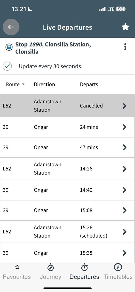 Mattburge74's tweet photo. @TransportForIr1 can you please explain why this once hourly L52 service has been cancelled once again? https://t.co/siKQq6J5YM