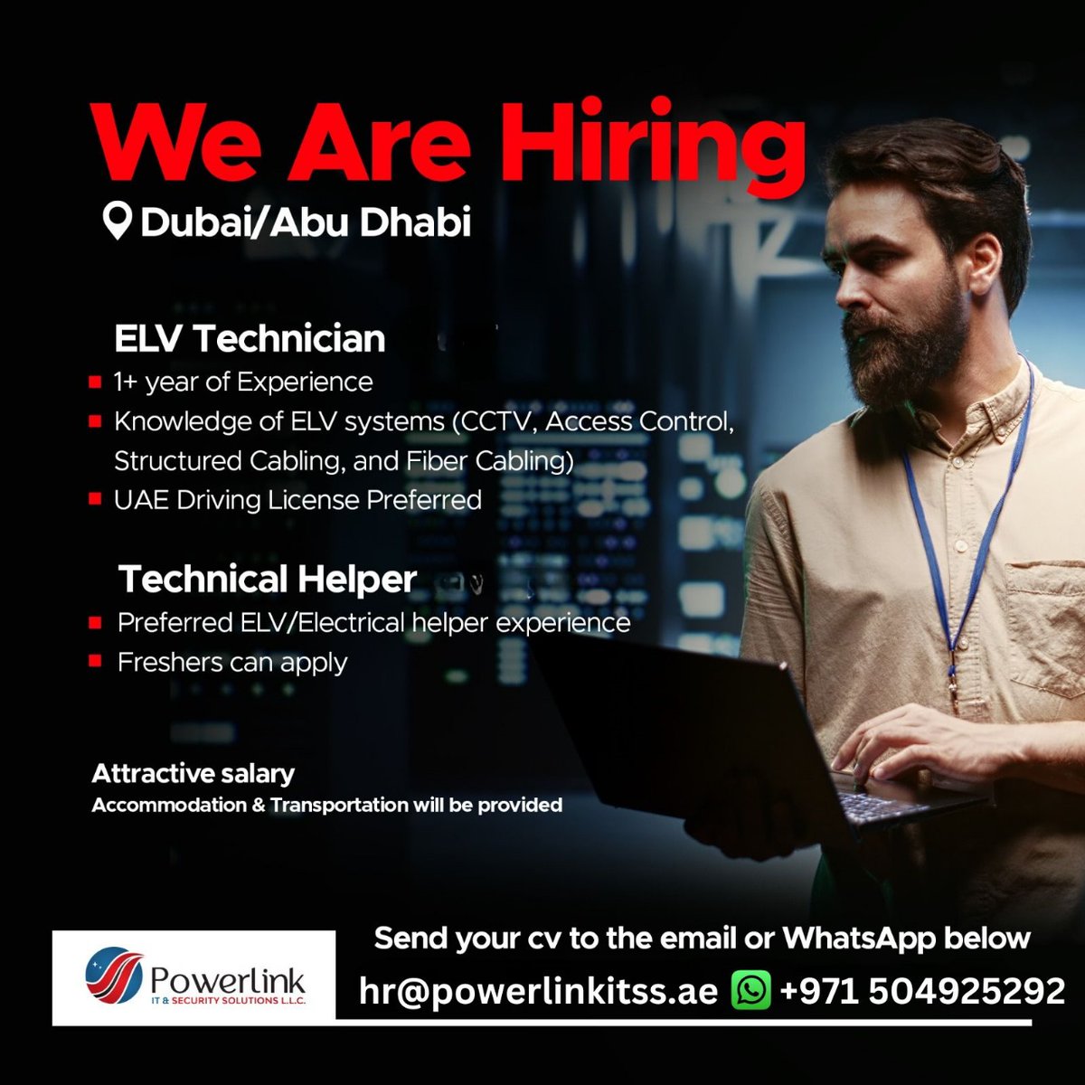 powerlinkitss's tweet photo. We Are Hiring!
Join our team in Dubai/Abu Dhabi! We are looking for skilled ELV Technicians with 1+ years of experience and Technical Helpers—freshers are welcome too!
📧 Send your CV to: hr@powerlinkitss.ae
#DubaiJobs #AbuDhabiJobs #ELVTechnician #PowerLinkIT #PowerLinkITSS https://t.co/Kg83zZpkce